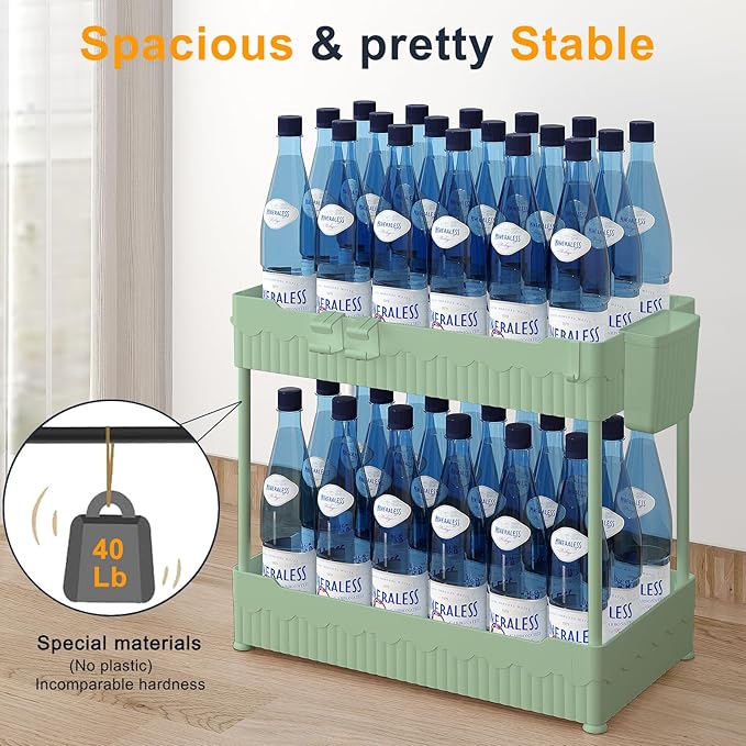 Sevenblue 2 Pack Under Sink Organizer, Under Bathroom Cabinet Organizer with Hooks Hanging Cup, Multi-Purpose Storage Shelf for Kitchen Bathroom (Green, XL)