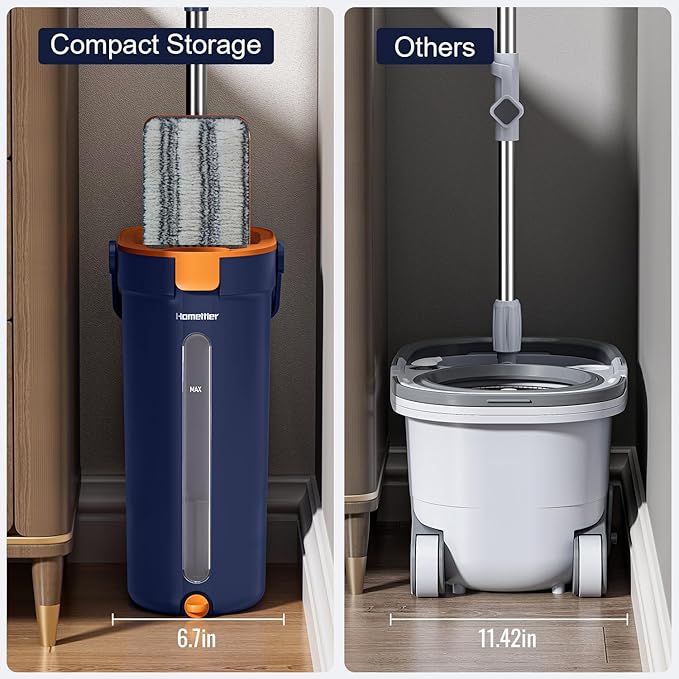HoMettler Mop and Bucket Set with Wringer, 3-Tank Flat Mop and Bucket System, Wall Mop Cleaner with Long Handle, Hands Free Mops for Floor Cleaning with 6 Microfiber Pads