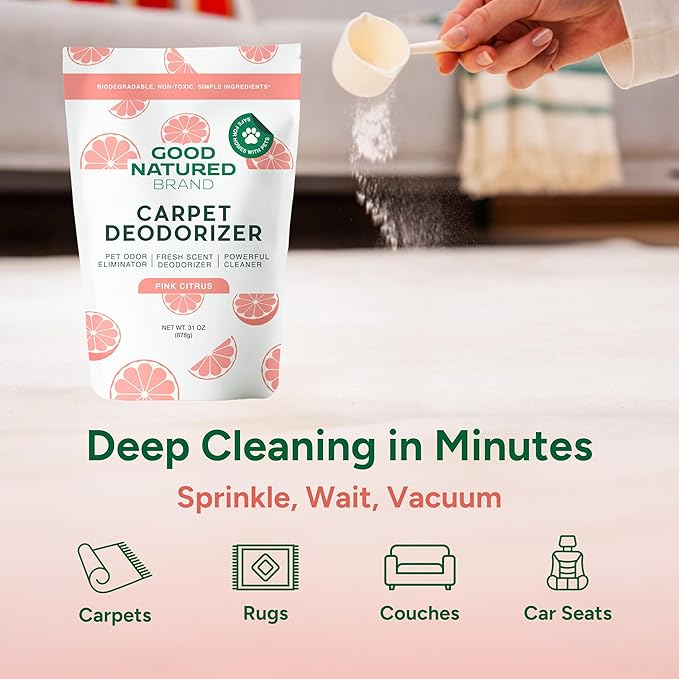 Good Natured Brand | Carpet Deodorizer & Freshener Powder | 31 oz Pet Odor Eliminator for Strong Odor & Pet Urine | Fresh Natural Pink Citrus Scent | Safe for Homes with Pets