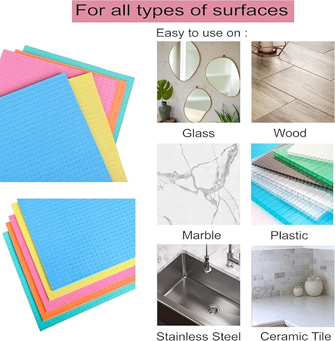 AMOUR INFINI Swedish Dishcloth Cellulose Sponge 8 Pack - No Odor, Resuable and Absorbent Cleaning Cloths for Kitchen, Bathroom, Glass Surface, Furniture (8"x7" Inch - Assorted)