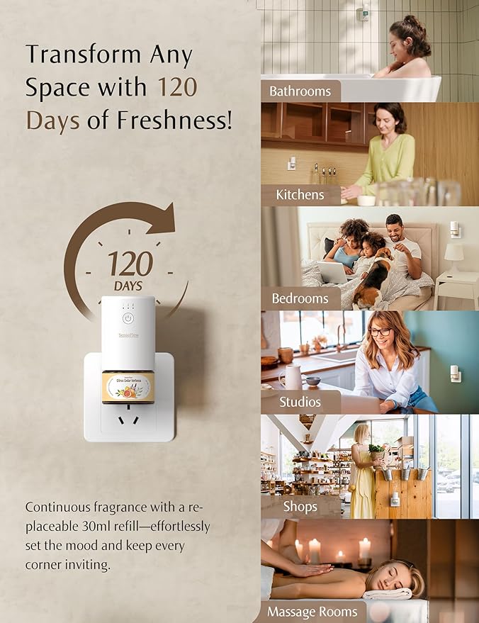 SF101 Pro Plug In Air Freshener, Waterless Essential Oil Diffuser, Non-Toxic Aroma Diffuser, Adjustable 120-Day Natural Scent Mist, Covers 1000 Sq Ft- Free 30ml Lychee Rosewood