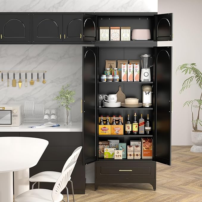 Metal Storage Cabinet with Drawer, 90" Tall Kitchen Pantry Storage Cabinets with Doors and Adjustable Shelves, Black Pantry Closet, Steel Large Cupboard, High Leveling Feet- Assembly Required
