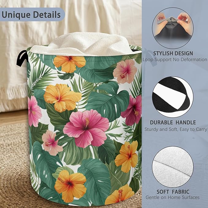 Hibiscus Laundry Basket,Palm Leaves Foldable Oxford Cloth Tote Bag Laundry Hamper Clothes Storage Bucket Organizer for Bedroom Laundry Storage Dormitories 16" x 20.8"