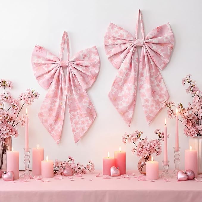2 Pcs Spring Cherry Blossoms Wreath Bows 19.6'' x 11.8'' Large Tree Topper Pink Ornament Rustic Burlap Wreath Sash for Front Door Spring Party Yard Doorway Indoor Outdoor Wall Decor