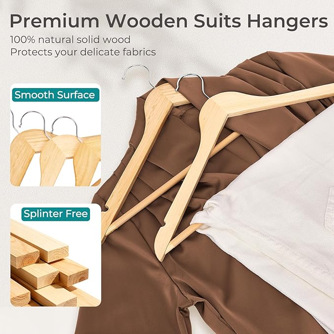 HOUSE DAY Premium Wooden Coat Hangers 10 Pack, Heavy Duty Solid Wood Clothes Hangers with 360° Swivel Hook & Pant Bar for Jackets, Dress, Shirts, Natural Wood Suit Hanger for Closet Organizer