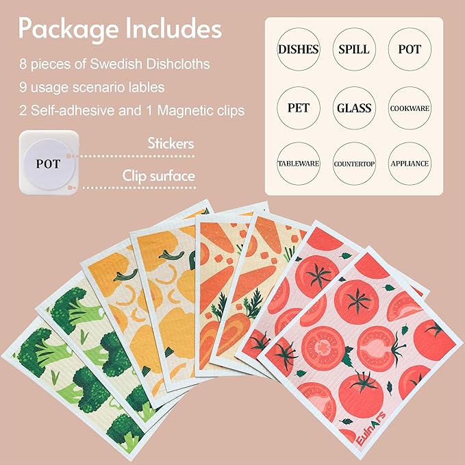 Eulnars Reusable Paper Towels, Swedish Dishcloths for Kitchen 8-Pack, Non-Scratch Swedish Dish Towels, Super Absorbent Cellulose Dish Cloths, No Odor Dish Rags