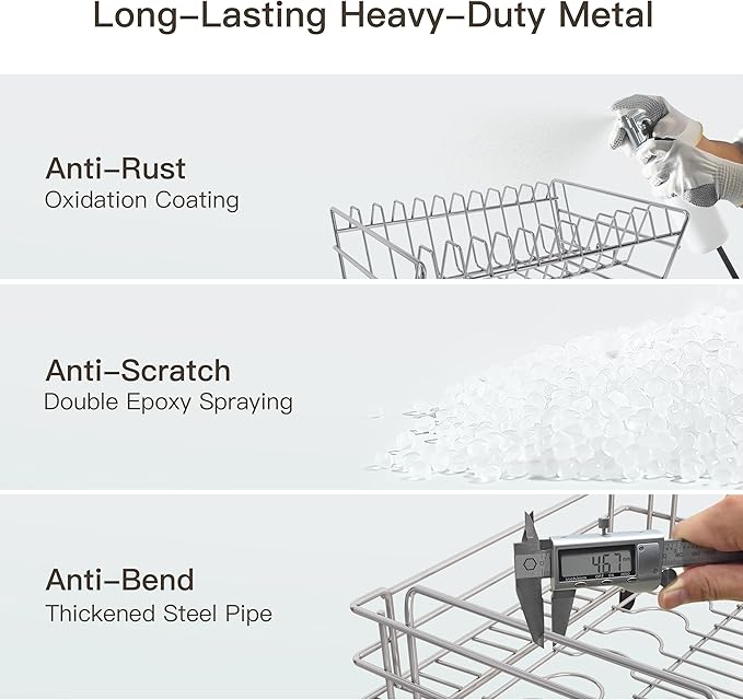 BOOSINY 2 Tier Turquoise Large Stainless Steel Dish Drainers Drying Rack for Kitchen Counter with Drainboard, Rust Proof Metal, Space Saving, Modern Aesthetic, Compact Plates Strainers with Extra Mat