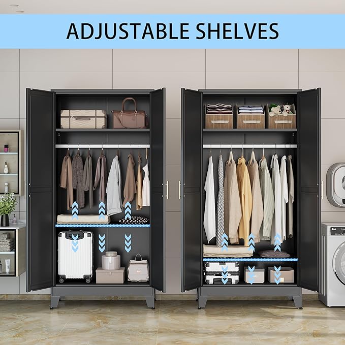 71 "Metal Armoire Wardrobe Closet, Steel Clothing Storage Cabinet with Adjustable Shelves and Hanging Rod, Household Steel Wardrobe Storage Cabinet with Adjustable Standing feet（Black）