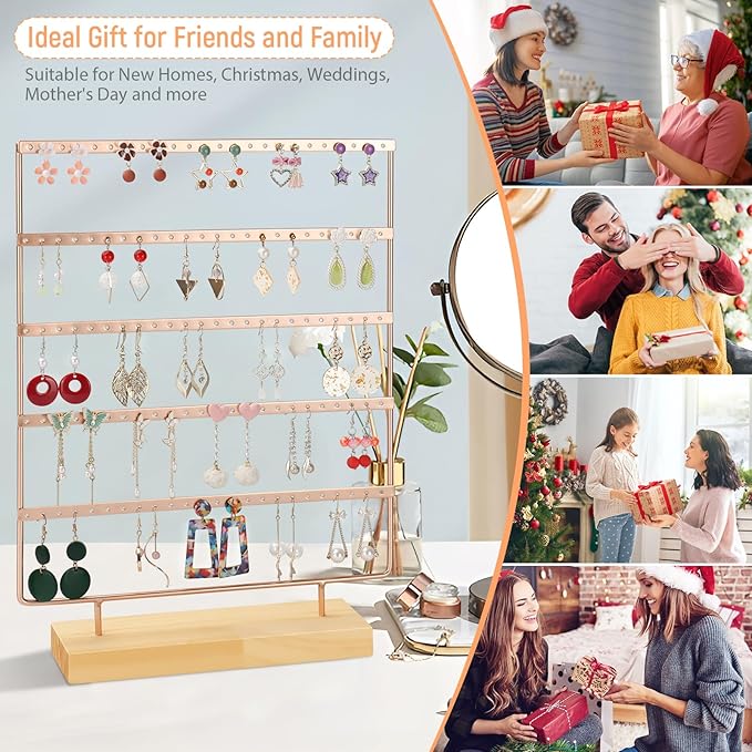 5 Tier 120 Hole Earring Holder Organizer, Rust Proof Metal and Wooden Base Jewelry Organizers and Storage for 60 Pairs of Earrings, Suitable for Home Storage and Sales Display