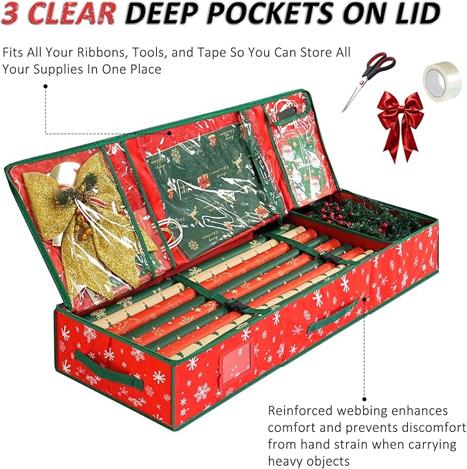 42'' Christmas Wrapping Paper Storage Organizer 600D Oxford Fabric Xmas Accessories Containers Bag Durable Fabric, Accessory Pockets for Ribbons, Gift Wrap Storage Bin（Red）
