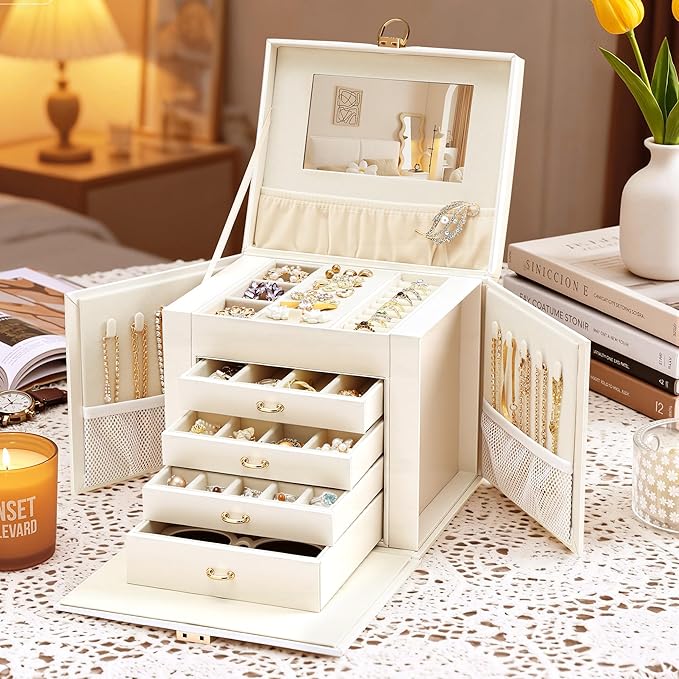 EnHomee Jewelry Box for Women, 5-Layer Large Jewelry Organizer with Mirror & 4 Drawers for Rings, Earrings, Necklaces, Bracelet Lockable Case with Lock (White + Gold)