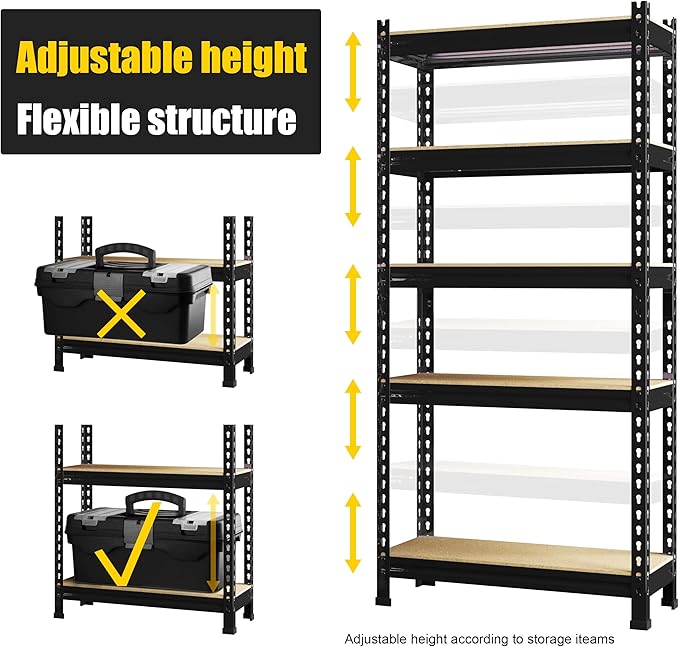 PrimeZone Storage Shelves, 27.5" W X 12" D X 59" H Adjustable Metal Heavy Duty Garage Shelving Unit, 5 Tier Industrial Standing Utility Rack Organizer for Warehouse, Pantry, Kitchen, Basement, Black