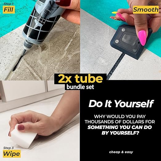 PentaUSA Grout - Premixed Grout Repair Set, 8.8 oz, 2 Pack Tile Grout Tubes, Repairs and Renews Tile Grout in Bathroom and Kitchen, Odorless and Safe Formula - 2 Pack (Black)
