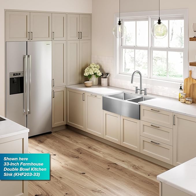 Kraus KHF204-33 Standart PRO Kitchen Stainless Steel Sink, 16 Gauge, 33" Undermount Round Apron 40/60 Double Bowl Kitchen Sink