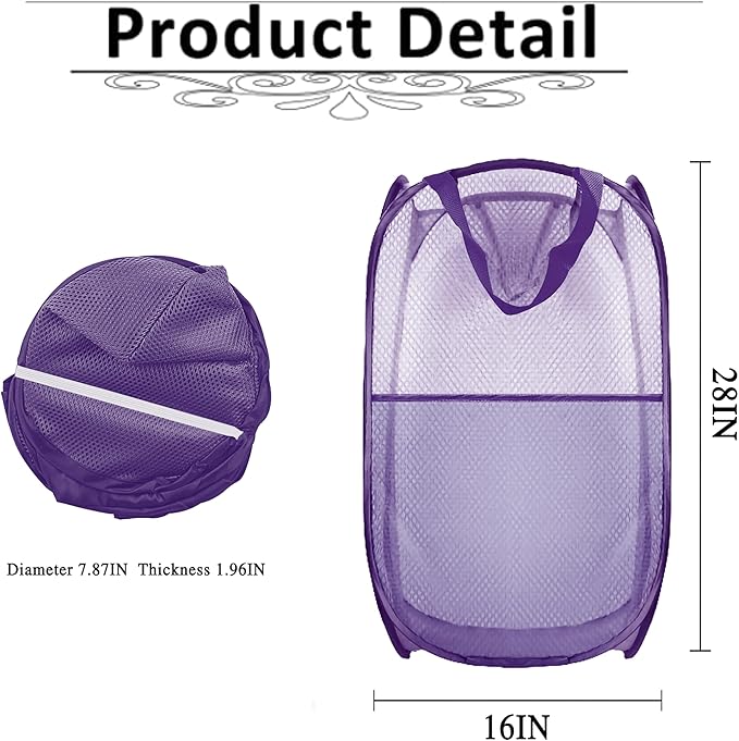 Buyongwant Collapsible Pop Up Laundry Hamper, Extra Large Mesh Foldable Laundry Basket, 28" x 16" x 16"(Purple)