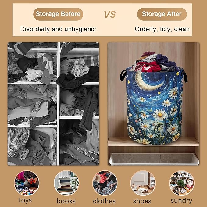 Watercolor Flowers Laundry Basket,Night Starry Sky Collapsible Laundry Baskets with Handles,Waterproof Oxford Cloth Storage Basket 16"x20" for Bathroom/Bedroom/Dormitories