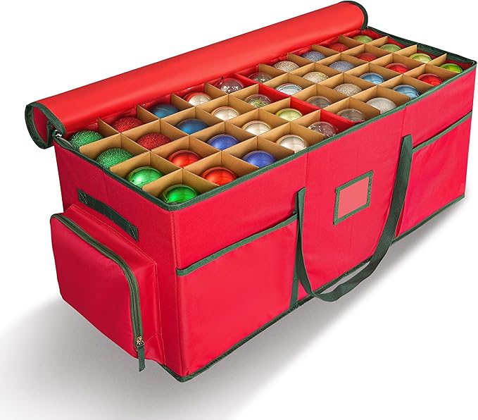 Christmas Ornament Storage Box -Up to 160 Holiday Ornaments with Adjustable Dividers & 6 Pockets Large Capacity Storage Container for Christmas Decorations Toys Gift Wrap Organizer