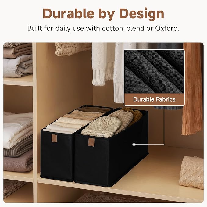 StorageWorks Narrow Storage Basket, Narrow Baskets for Shelves, Fabric Storage Bins with PU Handle, Perfect for Clothes, Underwear, Books, Socks, Black, 4-Pack