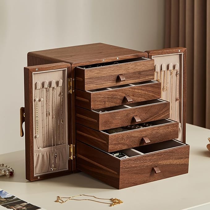 CHOSIN Black Walnut Wooden Jewelry Box 5 Layer Large Wood Jewelry Organizer Brass Handle for Necklaces Rings Earrings Watches Storage Valentines Day Gifts for Her(7.9x8.7x10.0inches)
