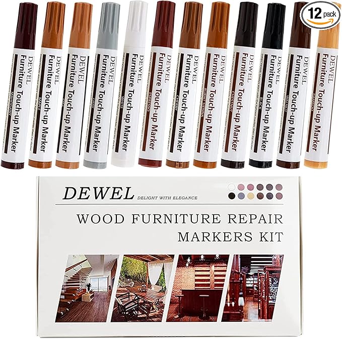 DEWEL Premium Furniture Touch Up Markers, 12 Colors Wood Scratch Repair Markers Kit, Perfect Wood Markers Pens for Scratches, Stains, Wood Floors, Tables, Bedposts
