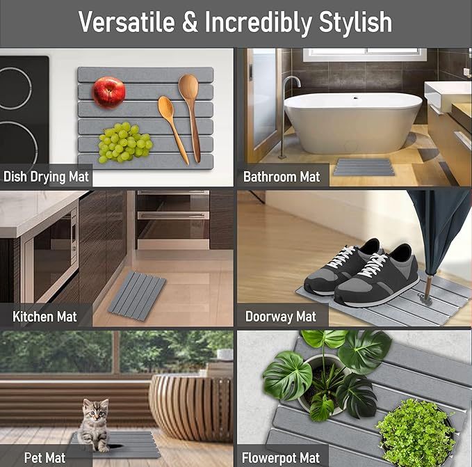 BEST4HOME Stone Drying Mat for Kitchen Counter - Grey 12x16In Dish Drying Mat - Foldable Diatomite Stone Dish Rack - Absorbent Diatomaceous Earth Non-Slip Tray for Bathroom