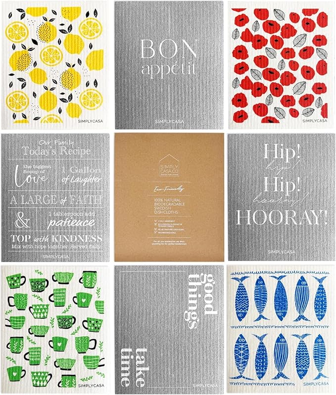 SIMPLYCASA 8 Pack Reusable Swedish Dishcloth, for Kitchen and Household Use, Super Absorbency, Made in Sweden, Cellulose Sponge Dish Cloths, Paper Towel Replacement, Plastic-Free Packaging