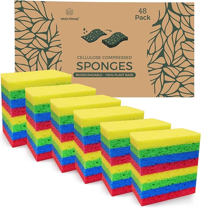 MMG Prime Cellulose Sponges – 48-Pack Multicolored Compressed Natural for Kitchen – Plant-Based, Biodegradable, Non-Scratch, Quick-Dry, Super-Absorbent for Dishes & Surfaces (48, Multicolor)