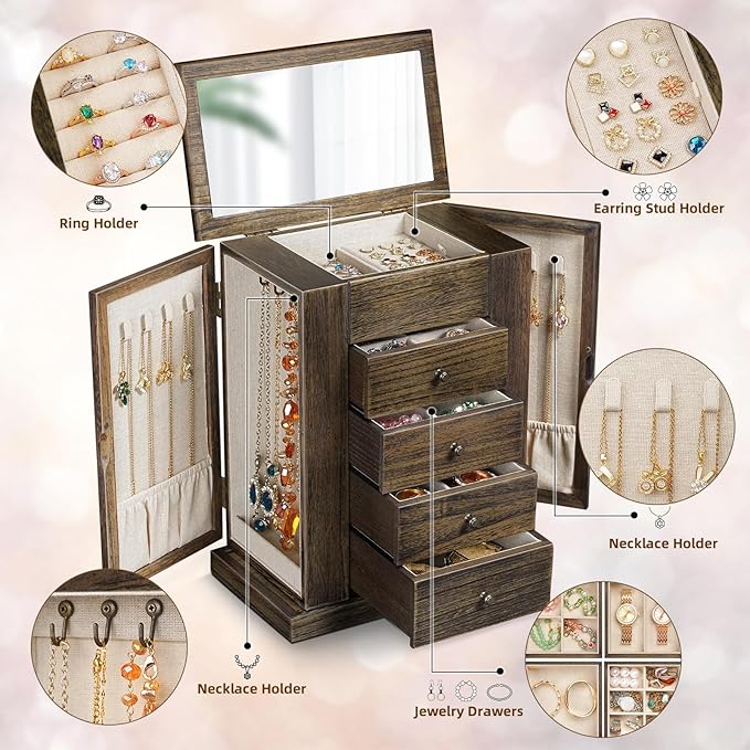 Emfogo Jewelry Box for Women, 5 Layer Large Wood Jewelry Boxes & Organizers for Necklaces Earrings Rings Bracelets, Rustic Jewelry Organizer Box with Drawers and Mirror(Vintage)