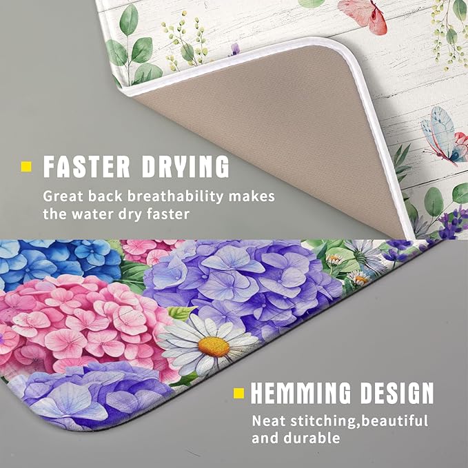 Hydrangea Floral Dish Drying Mat 16x18 inch Spring Summer Decorative Fast Dry Dishes Draining Mats Absorbent Microfiber Drainer Rack Pad
