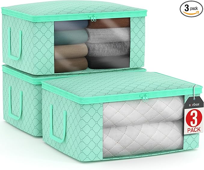 Sorbus Medium Clothes Storage Bags - Foldable Blanket Storage Bins for Organizing Bedroom, Closet, Clothing, Comforter, Organization with Clear Window, Lids and Carry Handles - Set of 3