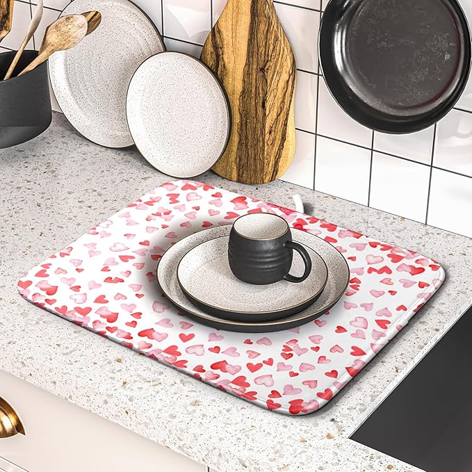 Valentine’s Day Dish Drying Mat for Kitchen Counter 18x16 Inch Watercolor Love Drying Mat with Absorbent Reversible Microfiber Pink Dish Drainer Mats Rack Pad for Coffee Countertop Protector