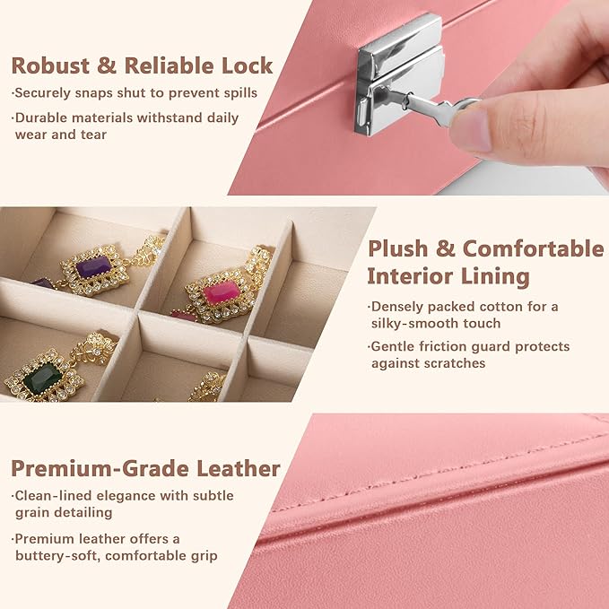 Homeanda Jewelry box 2 layer Jewelry box Leather Jewelry boxes for Women Girls Teens Jewelry organizer box Jewelry Storage box with lock(Pink)