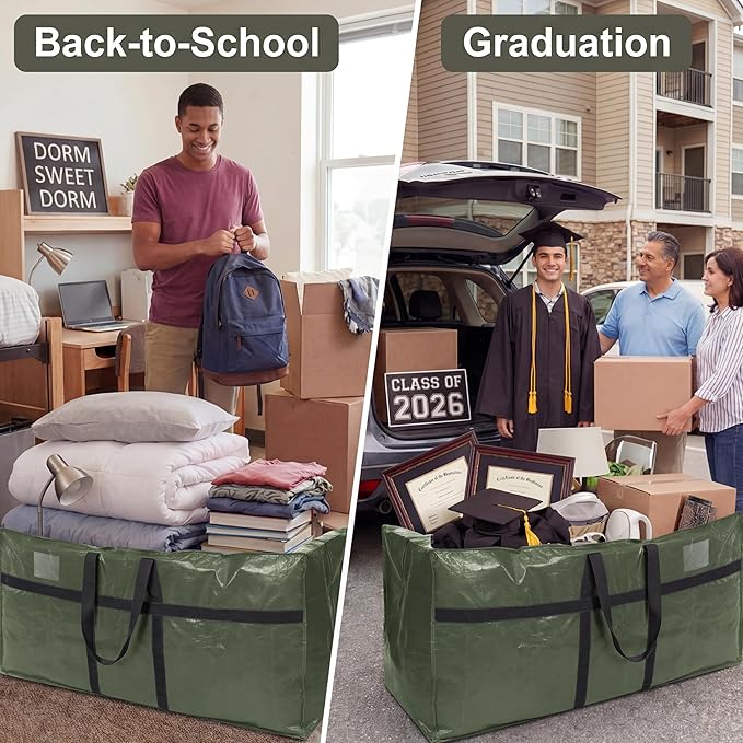 Windyun 4 Pack 57 Gallon Extra Large Moving Bags XXL Heavy Duty Storage Bag with Strong Zipper Handle Jumbo Big Tote Box Foldable for College Dorm Travel Clothes Duffle Blanket Pillow(Army Green)