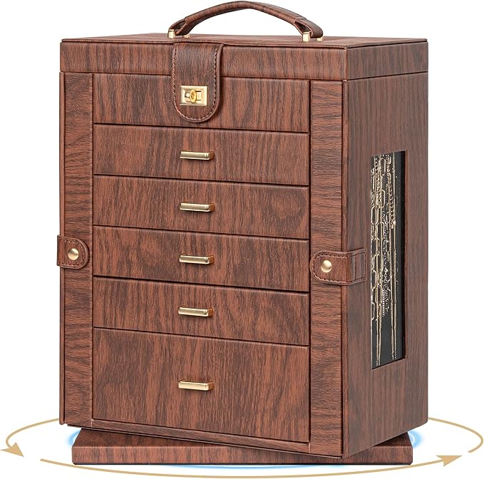 AKOZLIN 360° Rotating Jewelry Box Extra Large 6-Tier Organizer Functional Jewelry Storage Case for Women Girls Ring Necklace Earring Bracelet Holder with Mirror Red Brown