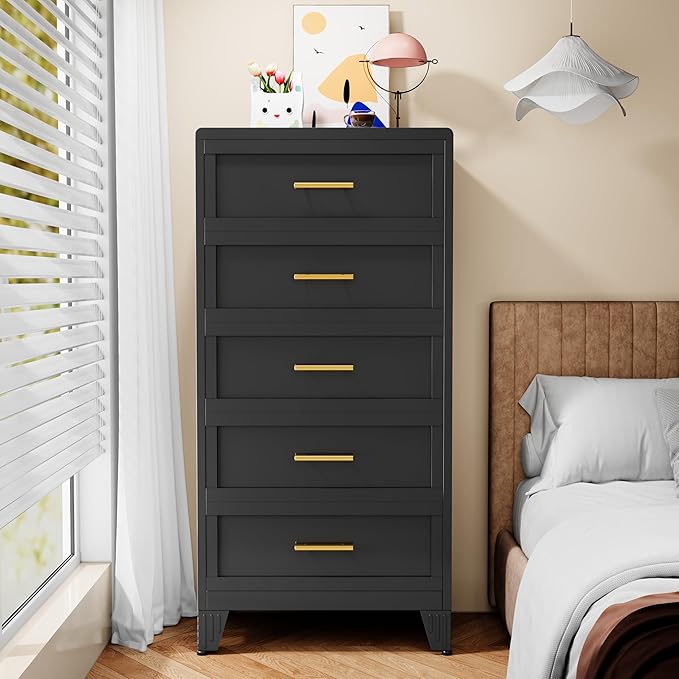 Metal Dresser Tall Narrow Dresser for Bedroom Chest, 53.46" H Drawer Chest, Closet Dressers & Chests of Drawers for Living Room, Hallway (5 Drawers Black 24inch Wide)