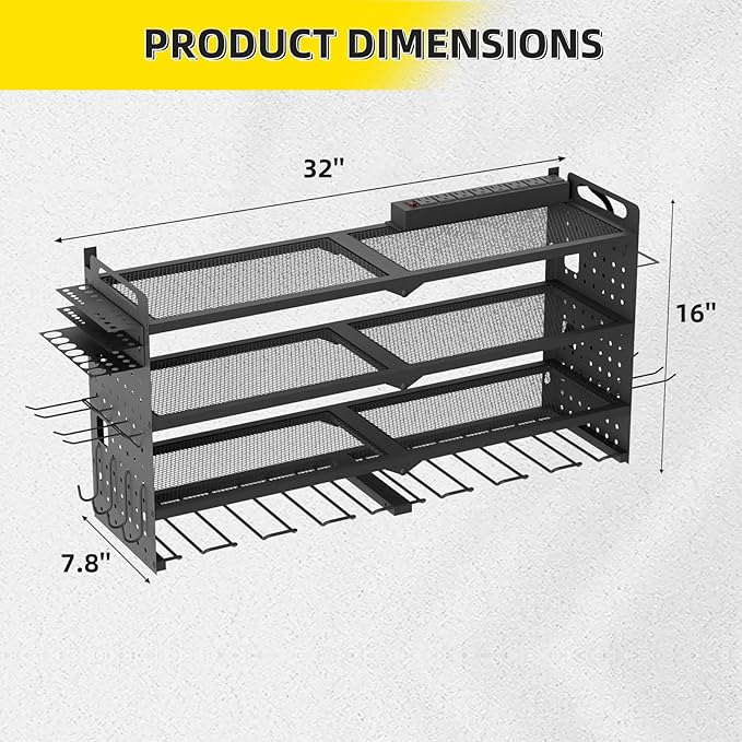 Power Tool Organizer Wall Mount with Charging Station, 4 Layers 8 Drill Holder, Heavy Duty Storage Utility Racks, Supports 600 lbs,Battery Shelf for Garage and Workbench (32 Inch 8 Drills Holder)