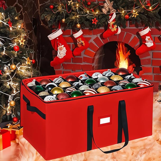 Christmas Ornament Storage Container,Box Stores Up to 128-3 inch ornaments, Adjustable Dividers, Large Organizer Bin to Protect and Store Holiday Décor - Red