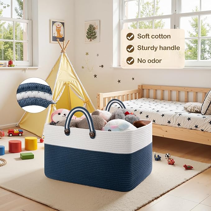 OIAHOMY 75L Large Blanket Basket, 22”x17”x12” Rectangle Woven Baskets For Storage, Nursery Blanket Storage Living Room, Toy Box With Long Handle-Gradient Blue With White