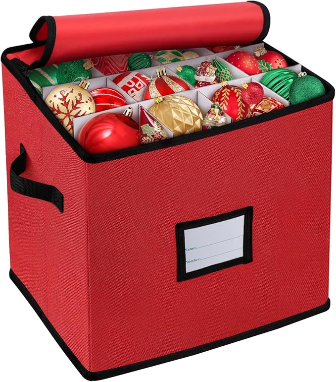 BINSUNS Christmas Ornament Storage Box, Christmas Storage Containers Organizer Bag with Dividers - Fits up to 64 Holiday Xmas Ornaments Decorations 3” Seasons Balls(Mixed Black)