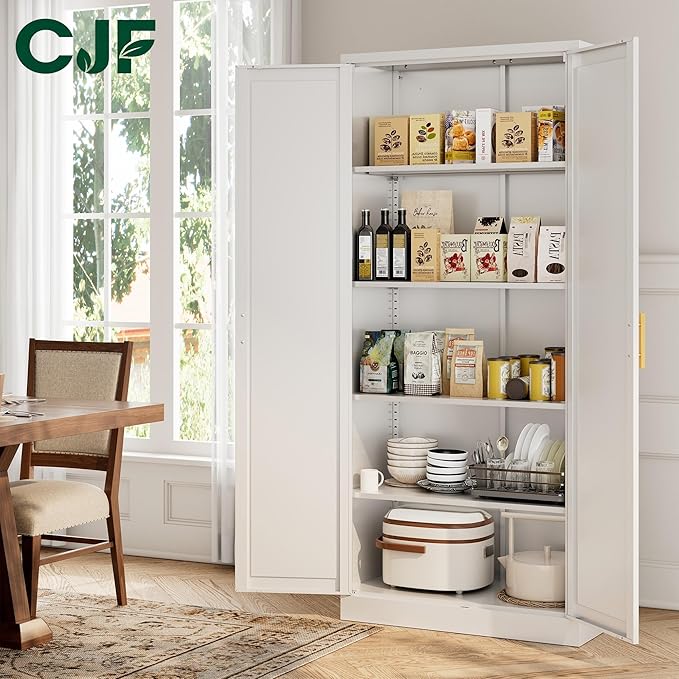 CJF White Kitchen Pantry Cabinet,71 Inch Tall Metal Storage Cabinet with 4 Adjustable Shelves and Doors, Freestanding Pantry Cabinet for Kitchen, Living Room, Dining Room, Bathroom, Easy to Assemble