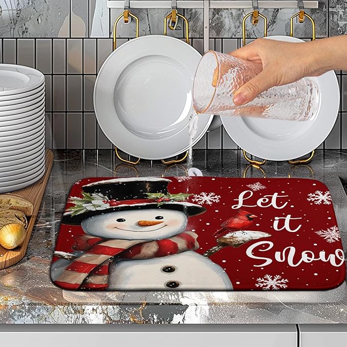 Wnoesat Snowman Christmas Dish Drying Mat Winter Drying Mats for Kitchen Counter Xmas Holiday Red Dish Draining Mat Microfiber Absorbent Reusable Dish Rack Pad 16x18 Inch