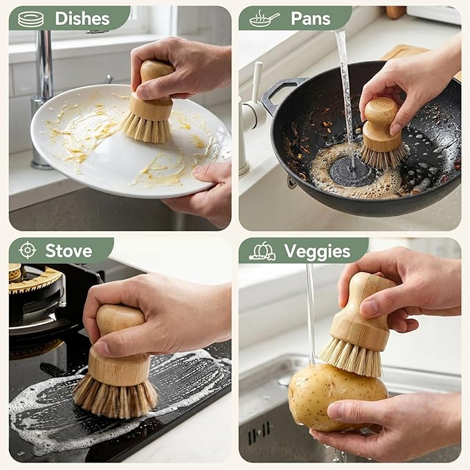Waisul Bamboo Dish Brush Set, 4 Pack, Plastic-Free (2 Medium Sisal, 2 Firm Coconut Coir), Dish Scrubber & Vegetable Brush for Cast Iron, Nonstick