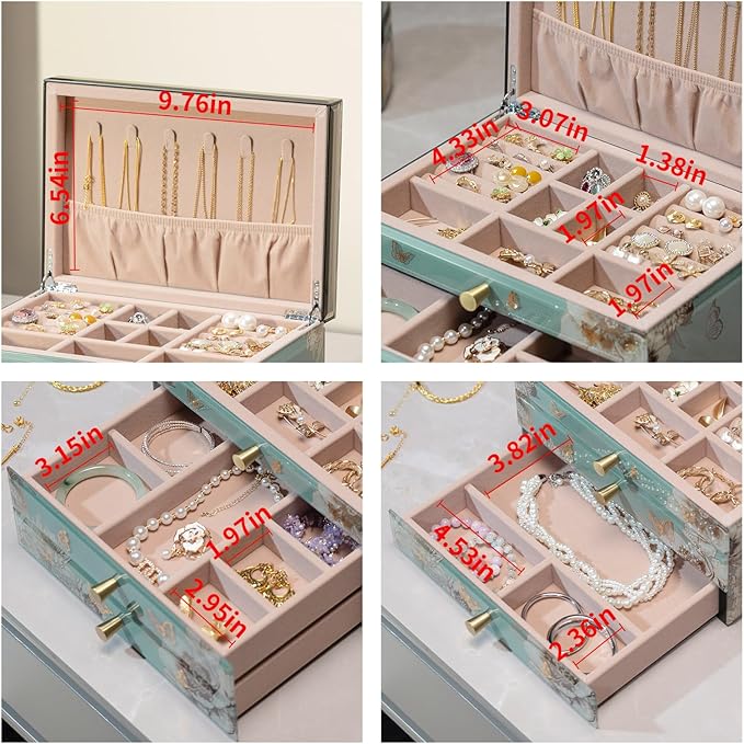 Glass Jewelry Box With Butterfly & Flower Patterns, 3-Tier Organizer for Women Girls,Jewelry Gift Decorative Boxes, Art Painting Tabletop Organizer For Earring Necklace Christmas Gifts