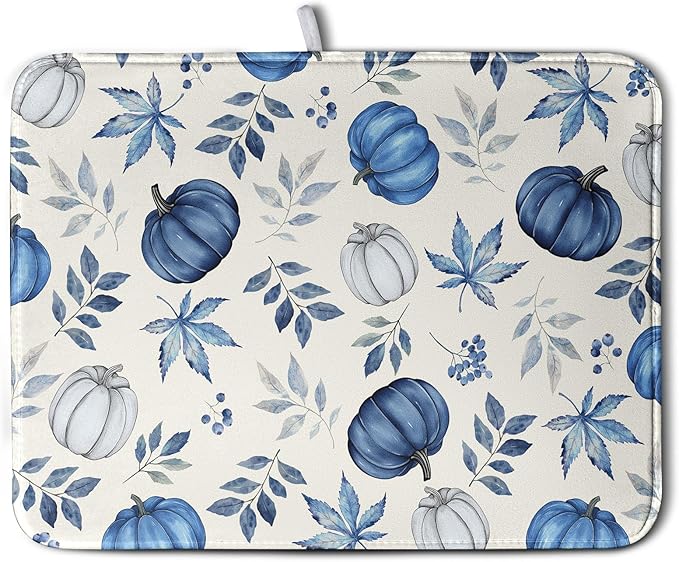 Wnoesat Fall Dish Drying Mat Blue Pumpkin Maple Leaves Drying Mats for Kitchen Counter 18x24 Inch Autumn Thanksgiving Absorbent Microfiber Dish Draining Mat Dishes Pad with Hanging Loop