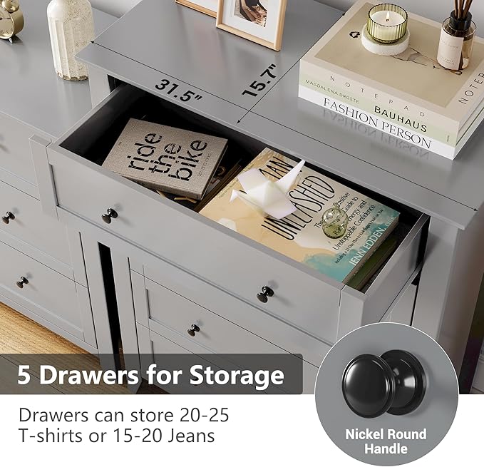 Modern 5 Drawers Dresser for Bedroom, Tall Wood Chest of Drawers for Clothes, Big Storage Dressers Organizer with Gold Handles & Deep Drawers, Living Room, Closet, Hallway, Grey