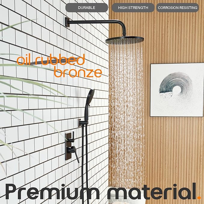 Bathroom Shower System Included Pressure Balancing Shower Mixer Valve, 10'' Rain Shower Head, 3-Setting Handheld Spray, Wall Mounted Oil-Rubbed Bronze SF001ORB-D10