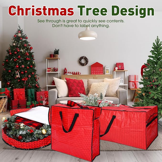 5 Pack Christmas Storage Bags Red, 7.5 ft Christmas Tree Large Bag, 24" Wreath Containers and 25" Garland Packing Tote Moving Bags with Handle Zipper for Artificial Xmas Tree Wreath Garland