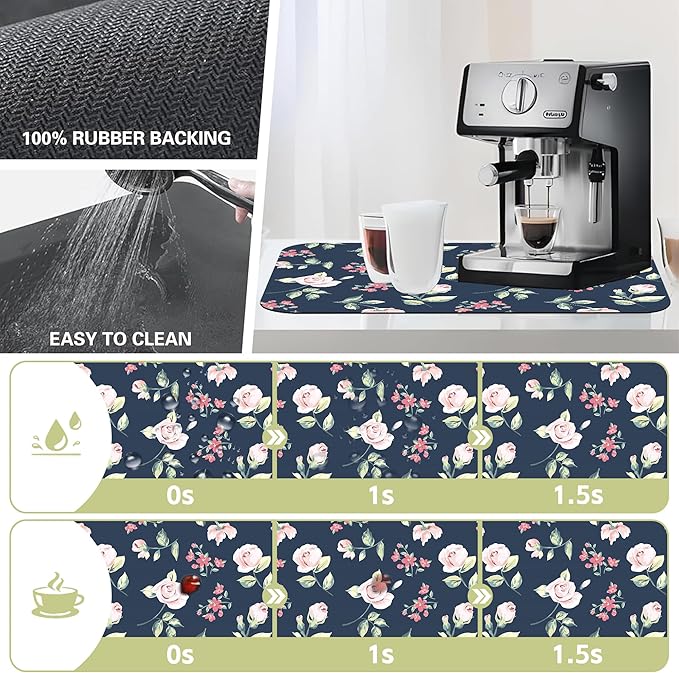 Kitchen Mat Vintage Pink Flower Dish Drying Mat 12"x19" Bsorbent Coffee Maker Mat for Sink Dishes or Under Rack Kitchen Counter Accessories Absorbent Hide Stain Rubber Backed Dish Drying Pad