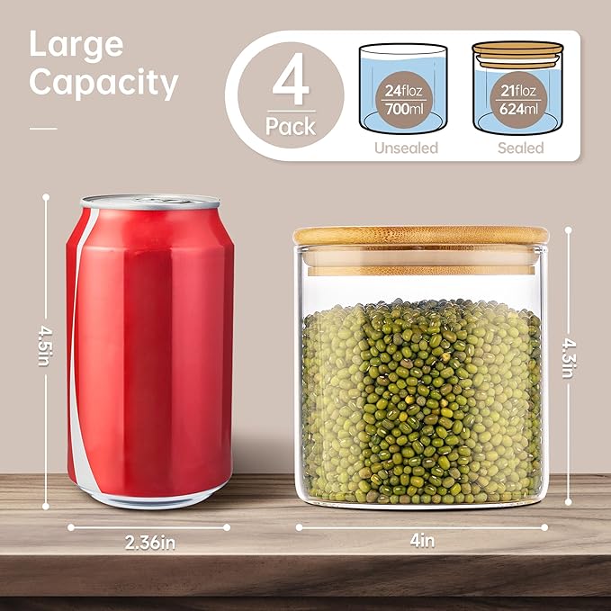 HomArtist 21oz - 4 Pack Glass Jars with Bamboo Lids, Glass Food Storage Containers with Airtight Lids, Air Tight Pantry Storage Containers for Coffee, Sugar, Spice, Meal Prep Jars for Salad & Fruit