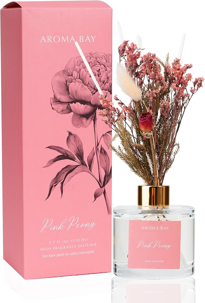 5.7 fl oz Pink Peony Reed Diffuser Set, Glass Bottle with Preserved Flowers, Natural Home Fragrance for Bedroom, Bathroom, Home Decor(170ml)